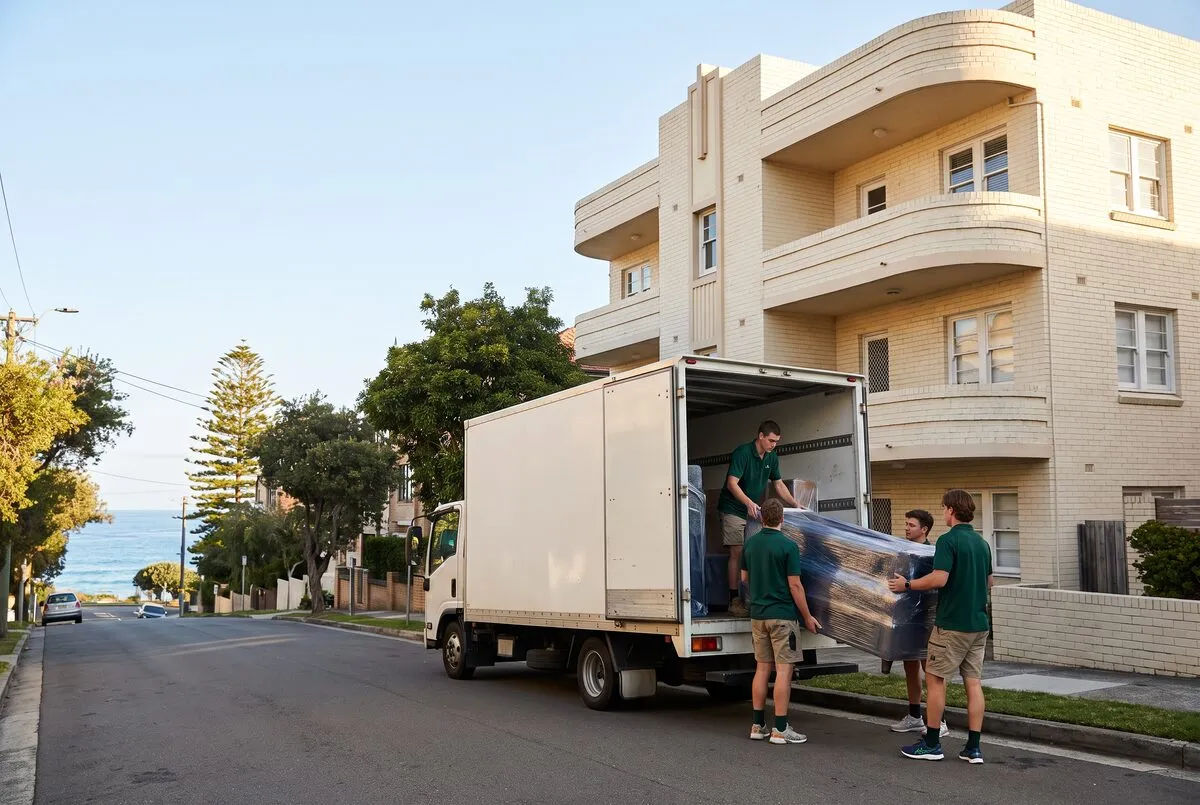 Removal truck parked outside an interwar art deco apartment block on a Coogee street