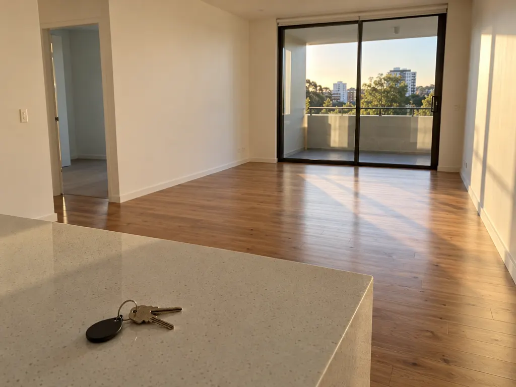 An empty apartment living room with timber floorboards and late-afternoon light through a sliding glass door to a balcony, with a ring of house keys and an access fob on the kitchen benchtop.