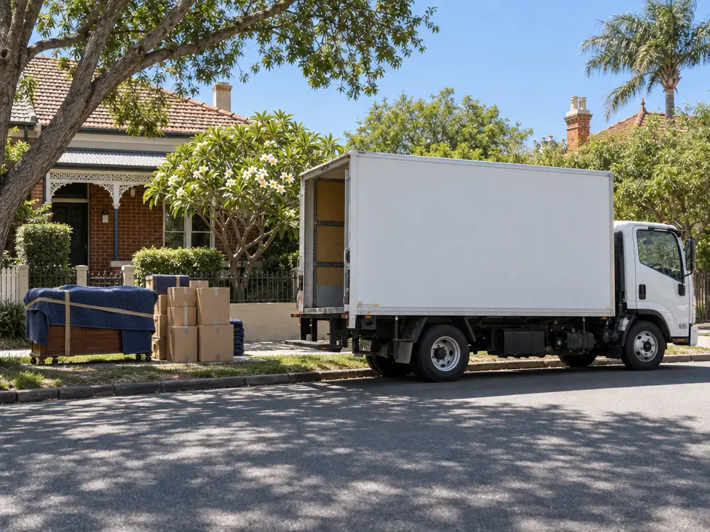 A white cab-over removal truck on a quiet Sydney street outside a brick Federation semi with a frangipani tree in flower, a blanket-wrapped dresser and a stack of cardboard boxes on the footpath.