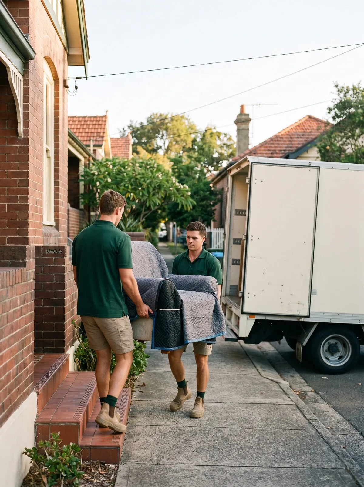 Two movers in racing-green polos carrying a wrapped armchair down the front steps of a Randwick semi towards a truck