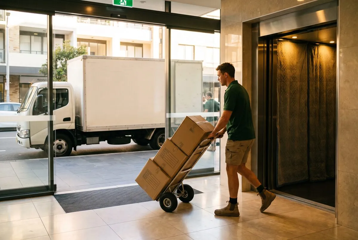 Mover wheeling a loaded trolley of labelled boxes through an apartment lobby with a padded lift