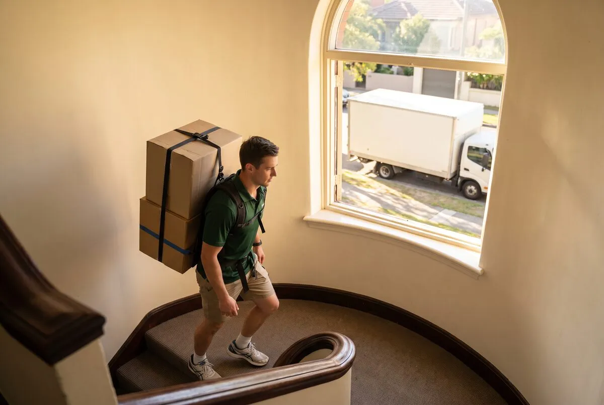 Mover carrying a strapped box stack up the internal stairs of an art deco walk-up flat