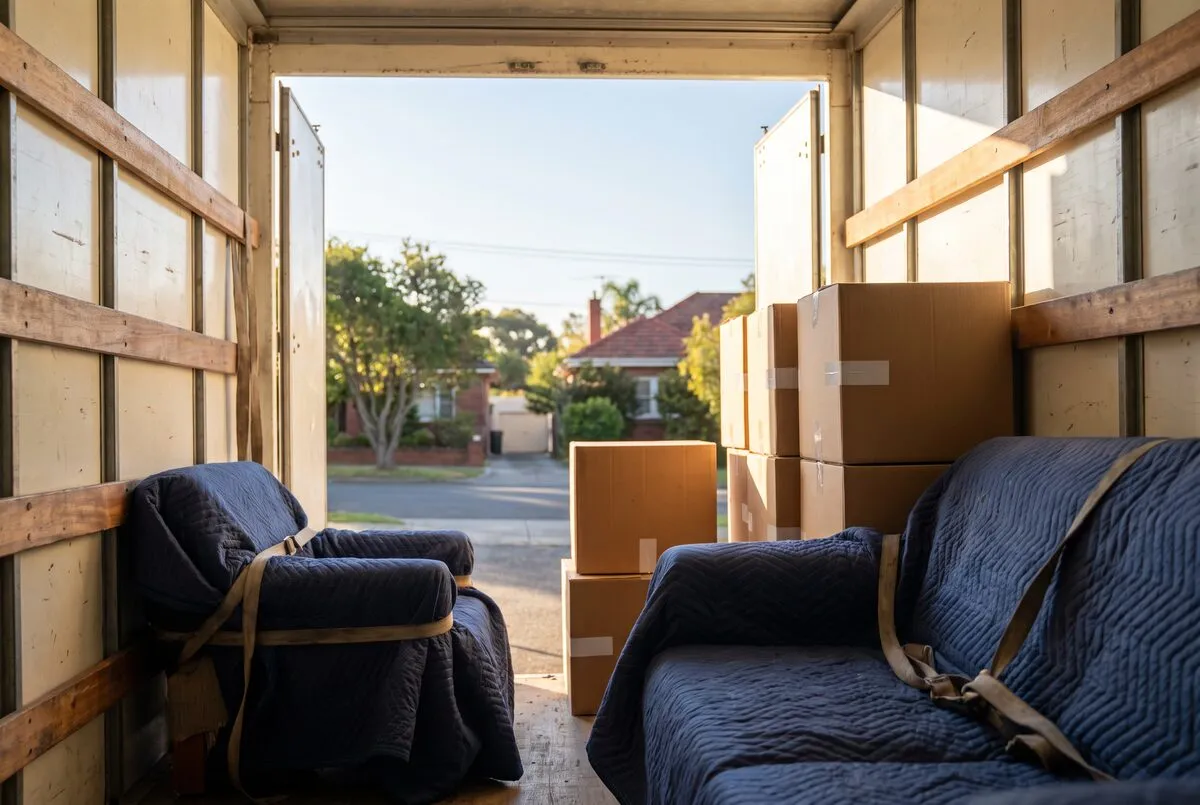 Inside the truck: padded furniture strapped in rows against the wall